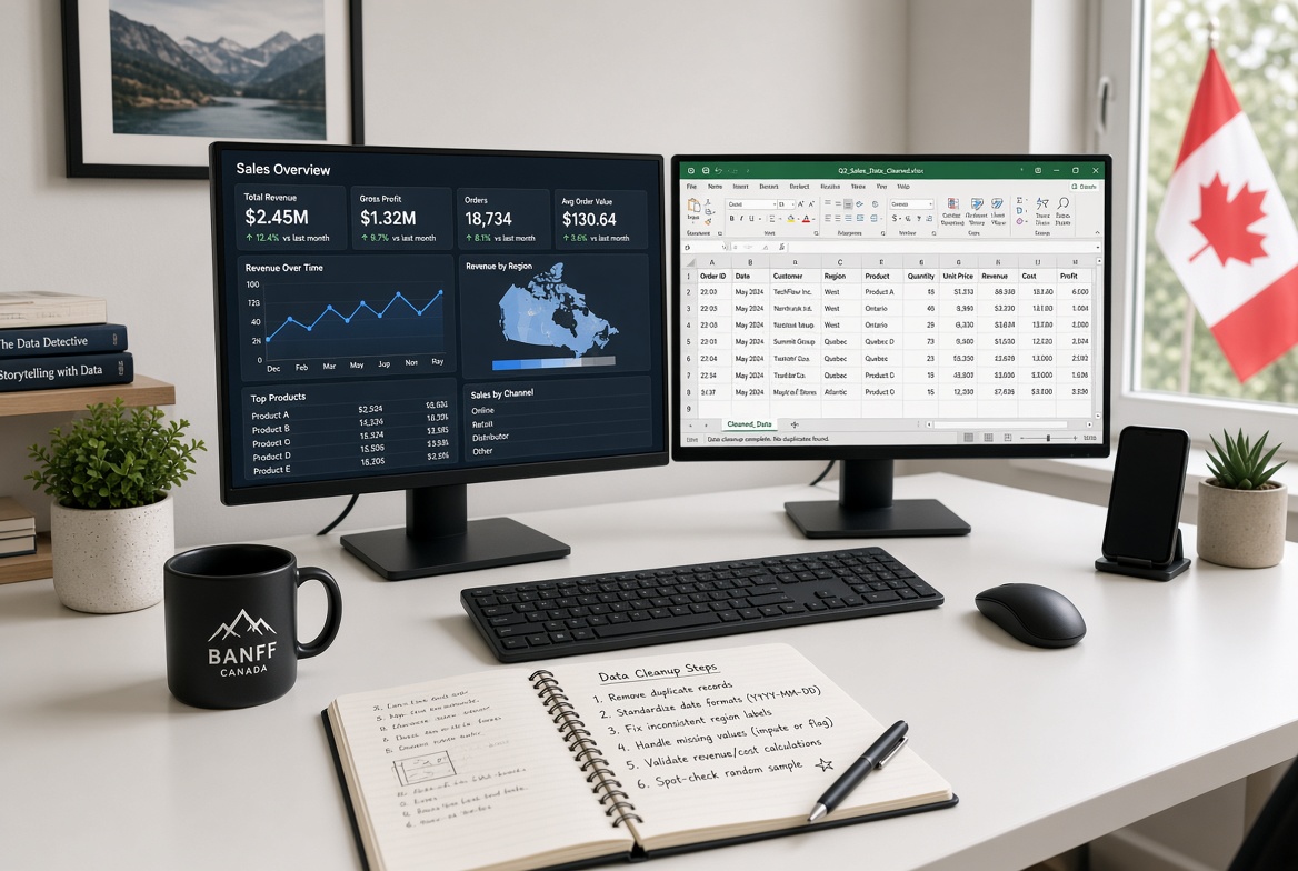 Laptop showing workplace dashboard with task board and calendar on a wooden desk