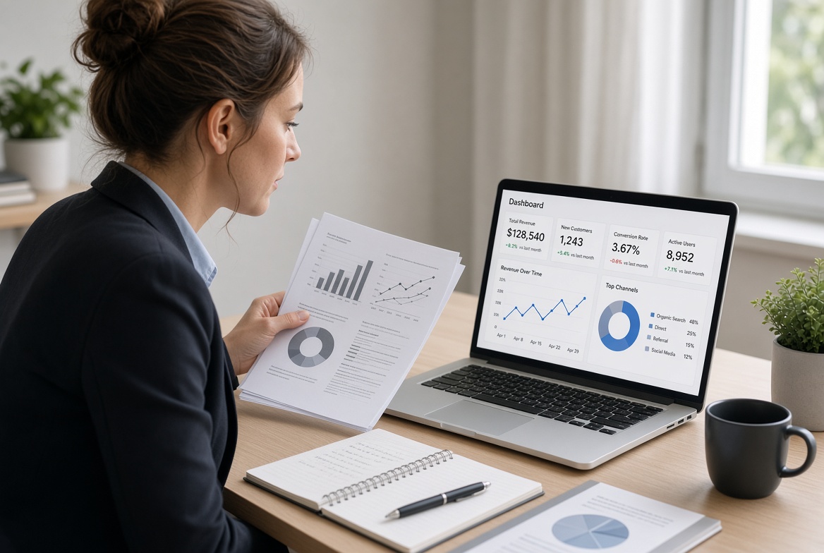 Professional reviewing digital documents and figures on screen with handwritten notes
