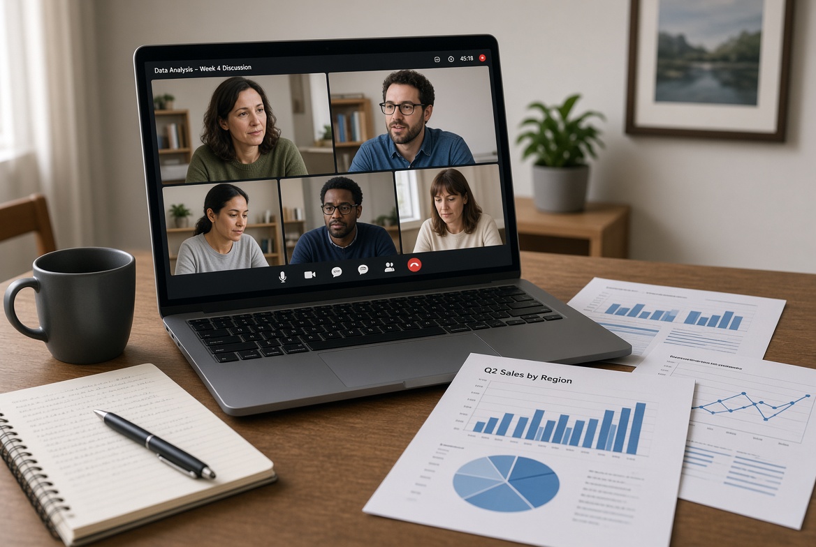 Remote meeting visible on a laptop in a quiet home office with notepad open